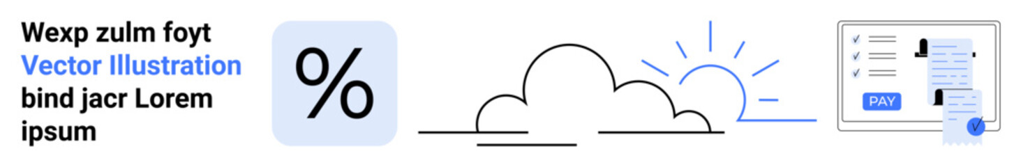 Percentage icon, cloud with sun, and document interface represent data insights, weather, and digital processing. Ideal for finance, weather updates, technology, UI concepts analytics digital