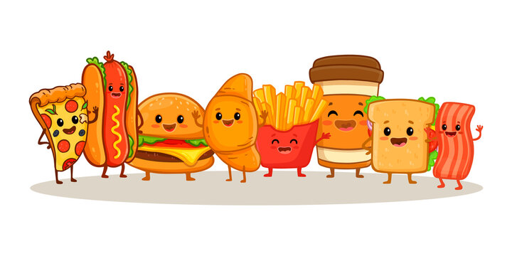 Set of fast food characters isolated on white. Cartoon hamburger, sandwich, hot dog, cute burger, french fries, slice of pizza, cup of coffee, bacon, croissant in flat style. 