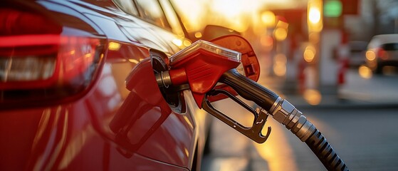Red car fueling sunset gas station