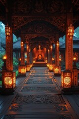 Illuminated pathway, ornate wood carvings, serene ambiance.