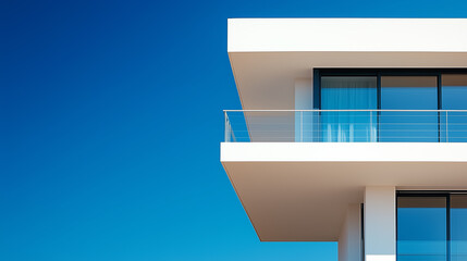 Modern architectural design features clean lines and a balcony against a clear blue sky during daylight