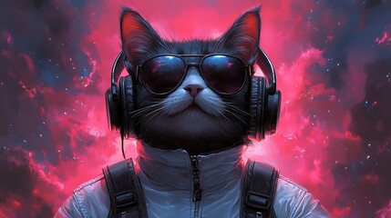 Digital cyberpunk feline with glowing urban background images