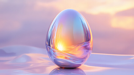 Glass egg with a delicate surface gleams with an ethereal iridescence in natural light, its elegant shape glowing. Resplendent - Palace. Illustration
