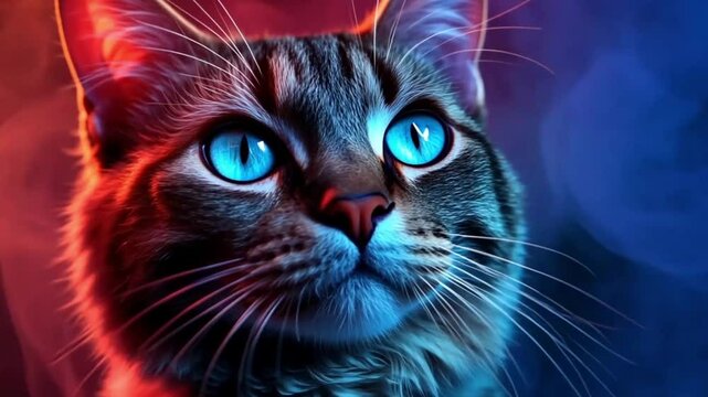 Close-up portrait of a cat with vibrant lighting and colorful background. Possible use for animal print or artistic design