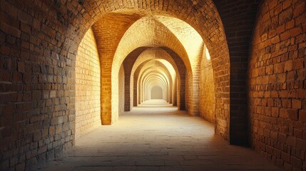 Fototapeta premium Illuminated Brick Arches in a Historical Underground Corridor