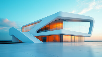 Modern architectural design showcased at sunset with striking lines and large glass windows in a minimalist setting