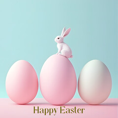Fototapeta premium Minimal pastel Easter composition with white rabbit sitting on pink egg against soft turquoise background