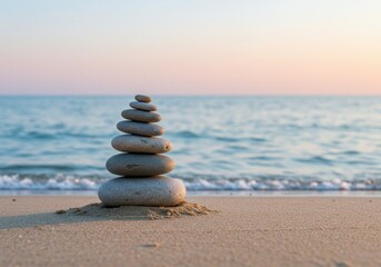 A peaceful arrangement of zen stones beside the ocean, inspiring harmony and spiritual balance.