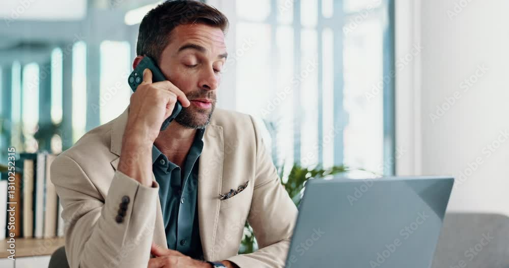 Aufkleber phone call, smile and man with laptop, business and negotiation with contact in office or networking