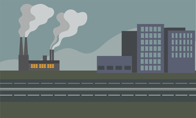 Sources of air pollution caused by human activities: vehicular pollution by car and airplane, industrial emissions by factory. Environmental challenges and carbon emissions against a grey cityscape