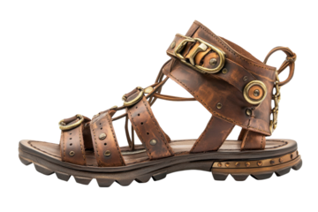 Stylish brown leather sandals with decorative buckles and sturdy sole for summer outdoor activities and casual wear