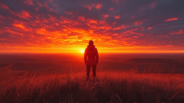 Solitary figure watching fiery sunset over rolling hills.