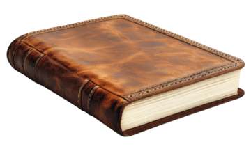 Beautiful brown leather journal with a textured cover lying on a white surface in a well-lit environment