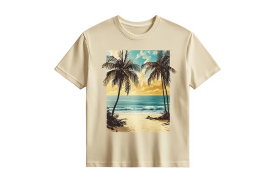 Relaxing beach scene t-shirt featuring palm trees and ocean at sunset in warm tones