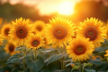 Obraz premium Golden sunflowers bask in sunset's warm glow.