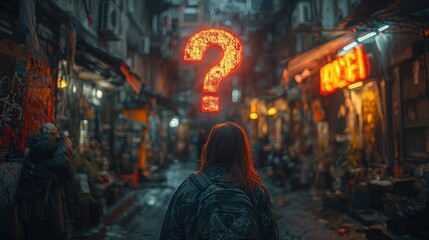 Naklejka premium Woman pondering future, city alley, question mark