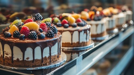 Delicious cakes on display in bakery