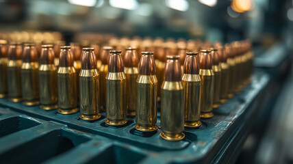 Employee in gloves holds riffle cartridges at workplace