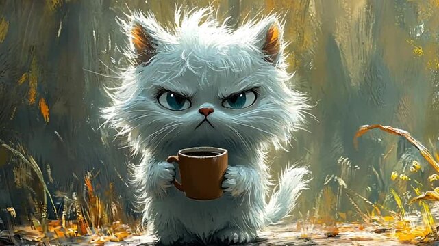 Cute cat holding coffee cup in autumn forest.  Possible use for greeting cards, posters, or merchandise