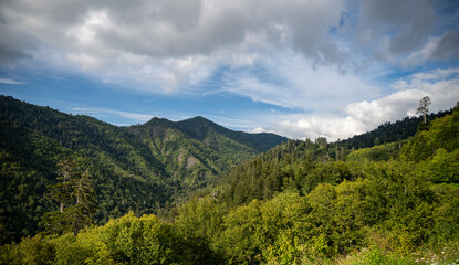 A Beautiful and Lush Mountain Landscape Set Against Dramatic and Eye Catching Skies