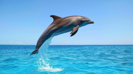 Dolphin Leaping Out of Bright Blue Ocean Under Clear Sky