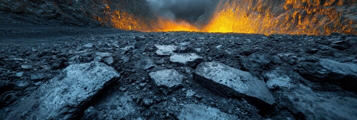 Close-up view of coal mining operations in a deep mine with coal deposits and fresh excavation