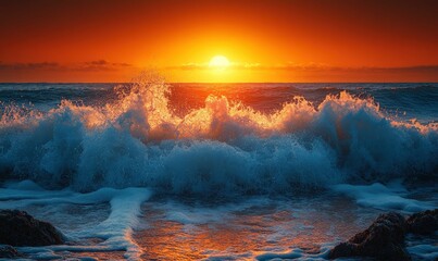 Fototapeta premium Ocean waves crash at sunset fiery sky