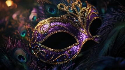 Ornate Carnival Mask Amidst Peacock Feathers