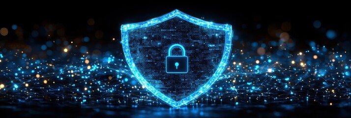 Digital icon shield with lock representing data security in a cyber environment