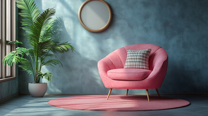 Beautiful living room with pink armchair, plaid and pillow