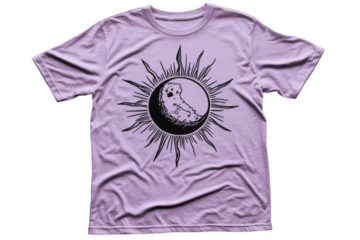 Sun and moon graphic t-shirt design in lavender color with bold black illustration
