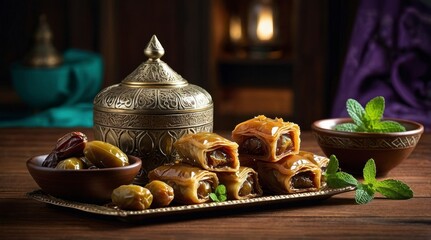 Naklejka premium Delicious Date Baklava and Dates on Metal Tray