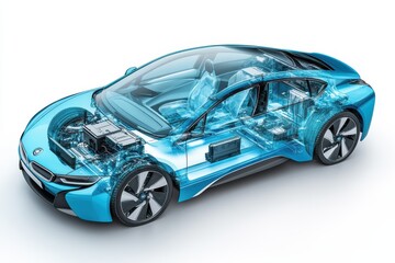 Futuristic transparent electric car cutaway diagram showcasing innovative technology and design