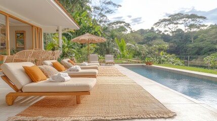 Two lounge chairs and a table beside a serene pool setting.