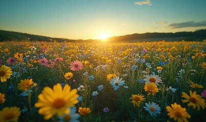 Fototapeta premium Sunset illuminates vibrant wildflowers in a meadow.