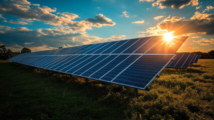 Shining sun on solar panels in field