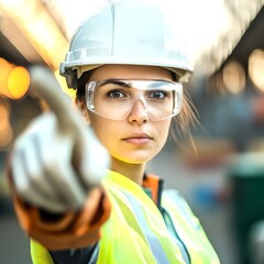 female worker, safety engineer, pointing with the finger, indicating the direction.