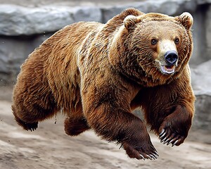 Obraz premium Brown bear leaping, zoo enclosure