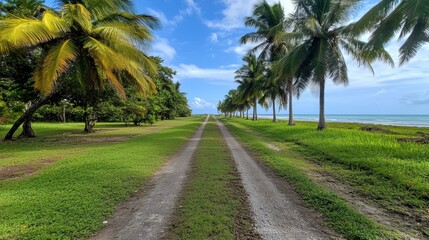 Obraz premium Dirt road lined with palm trees and grass, creating a serene and natural landscape.