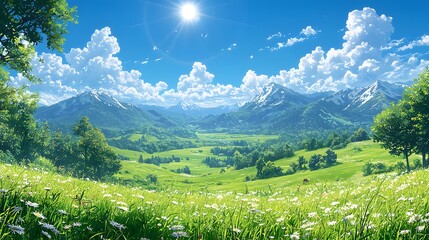 A picturesque and scenic landscape of mountains and lush green fields