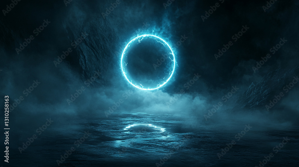 Poster dark scene with glowing cyan ring, resembling a portal, above a misty, rocky surface, creating a mys