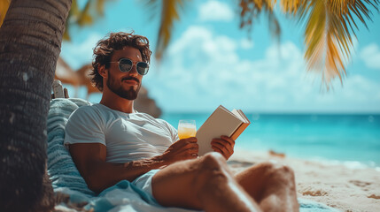 Relaxing at the beach with a book and a refreshing drink under the sun