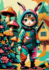 Cute cartoon girl in the rabbit costume with house and mushrooms