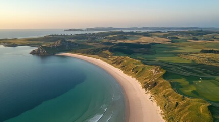Obraz premium A sunny aerial view showcasing a golf course alongside a beautiful beach.