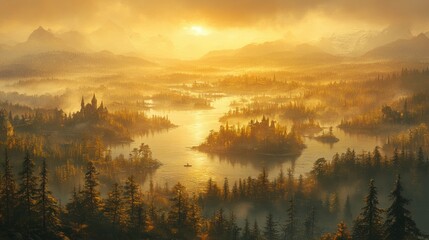 Fototapeta premium Golden Sunrise Over Misty Islands