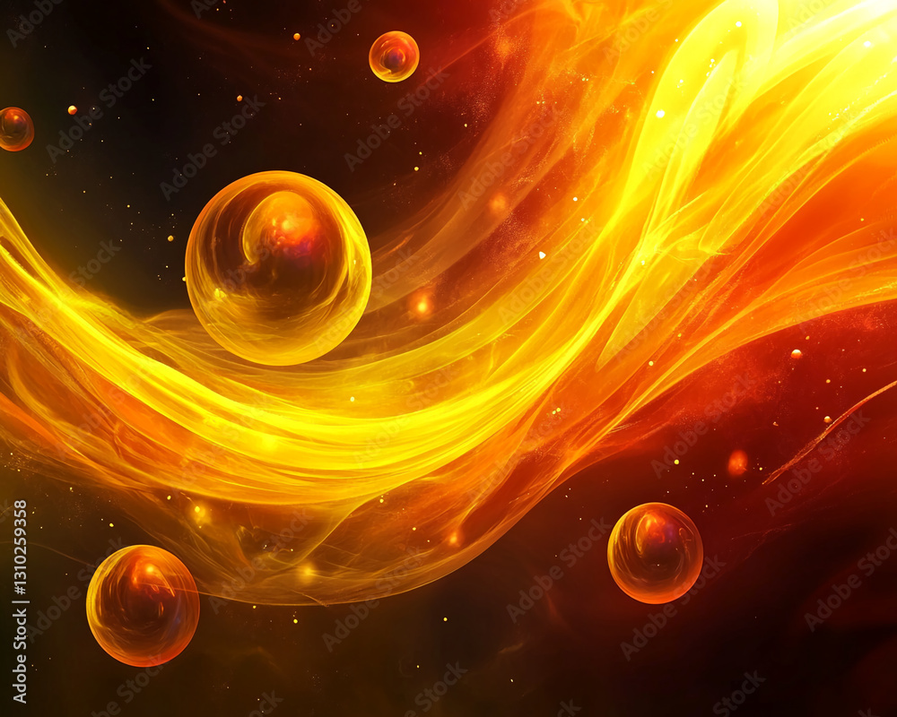 Aufkleber Abstract image of flowing orange and yellow energy with glowing spheres, creating a dynamic and vibrant cosmic scene, suggesting power, energy, and movement
