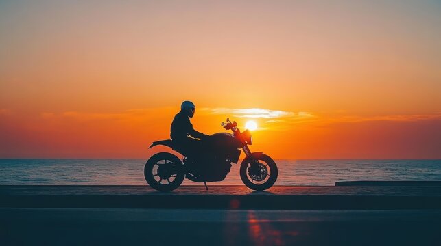 A giraffe rides a motorcycle along the beach during a vibrant sunset.