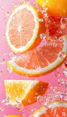 Citrus fruit slices falling in water, pink background
