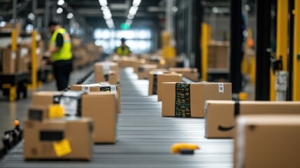 Warehouse conveyor belt with packages