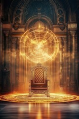 A majestic golden throne bathed in mystical light, surrounded by an intricate glowing sigil in an ornate palace, evoking a sense of power and divinity